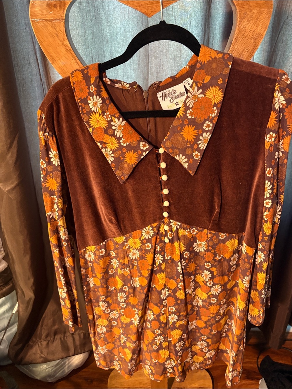The Hippie Shake Heroes Elenore Retro Floral Mini Dress in Brown XL uk20 - Picture 2 of 6